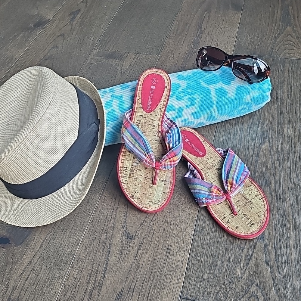Cork Footbed Flip Flops Rainbow Plaid Bow Sandals Size 8